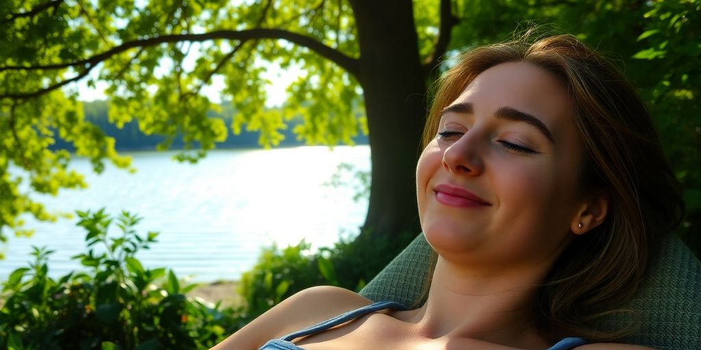 Person relaxing in a serene, natural setting.