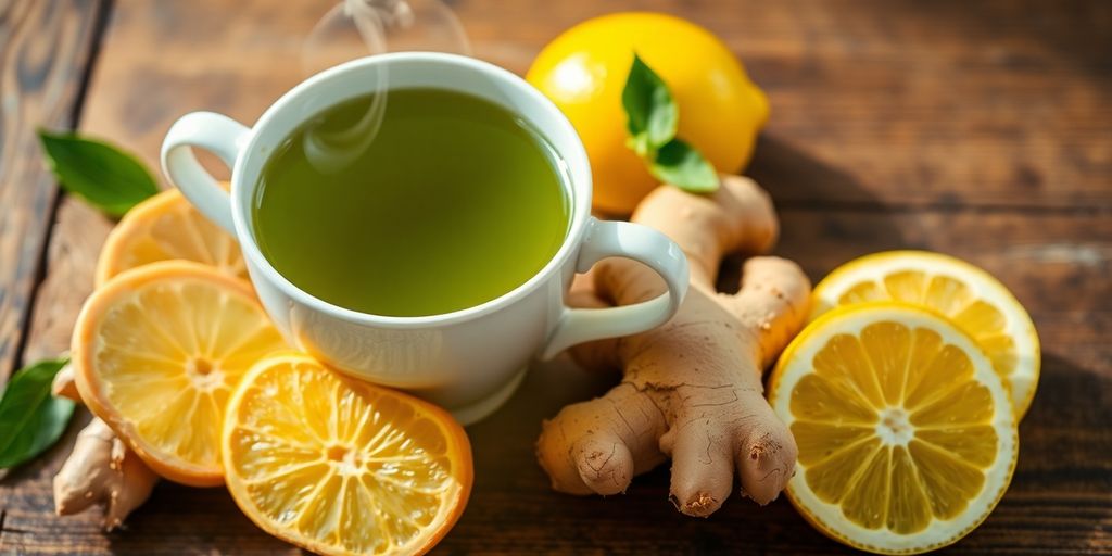 Green tea, ginger, and lemon beside a measuring tape.