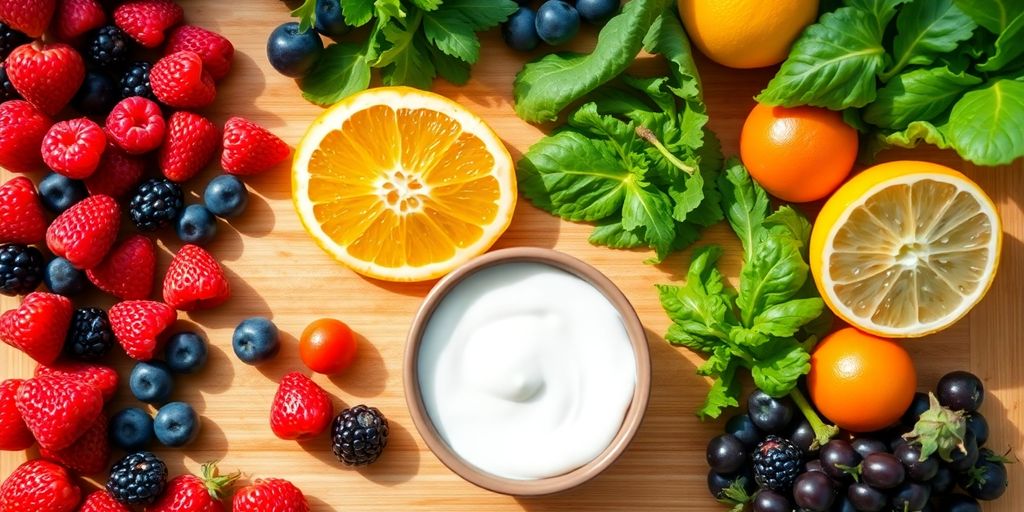 Colorful fresh fruits and vegetables on a cutting board.