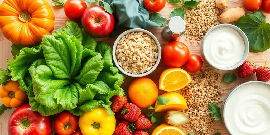 Colorful fruits, vegetables, yogurt, grains.