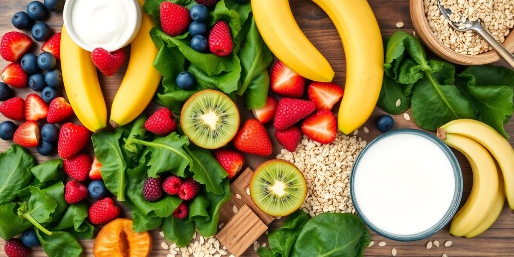 Colorful fruits, vegetables, and yogurt.