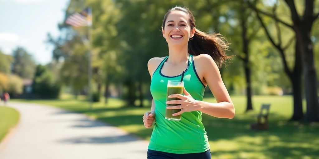 Woman exercising, eating healthy, smiling outdoors