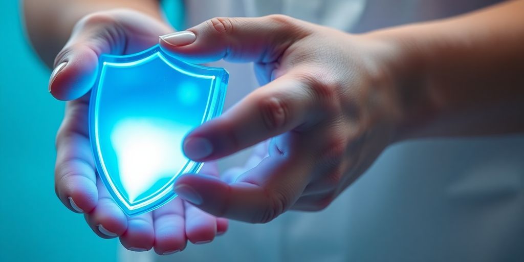 Two hands cupping a glowing shield.