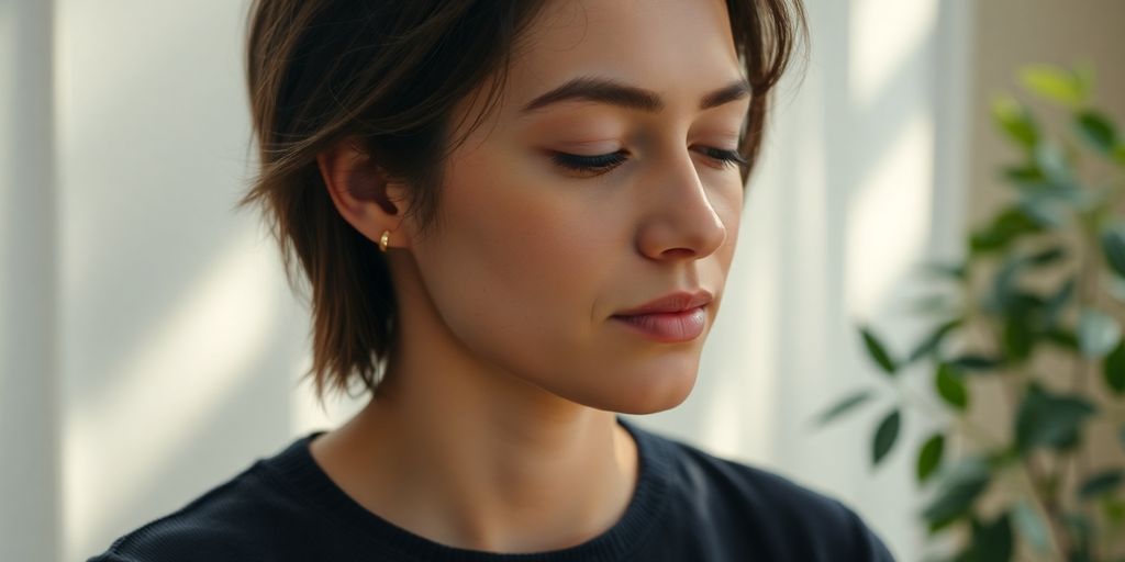 Person breathing deeply in a serene natural setting.