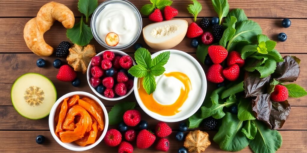 Colorful gut-healthy foods arranged on rustic table.