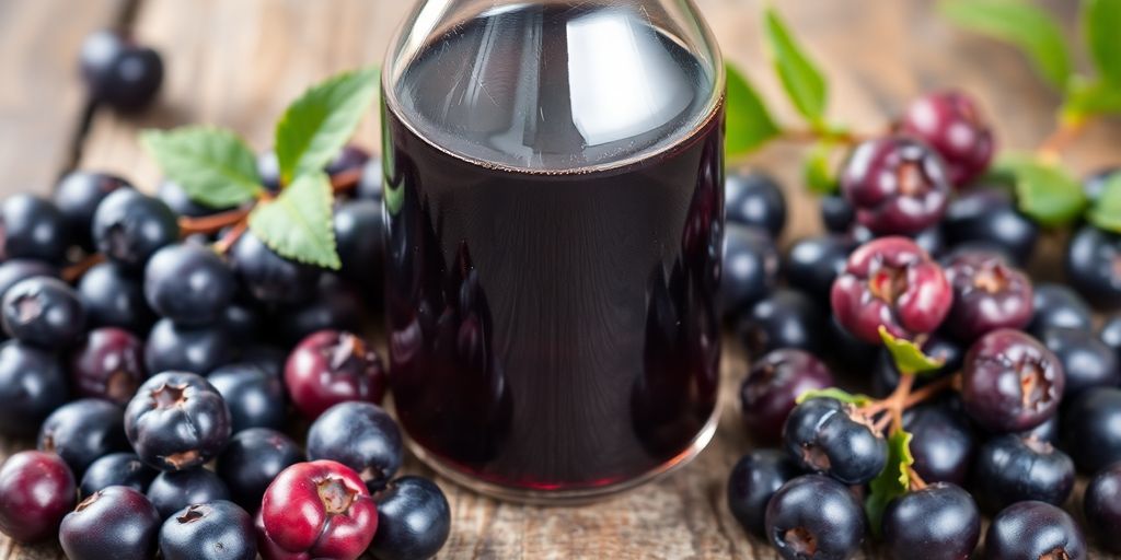 Elderberry syrup bottle with fresh elderberries.