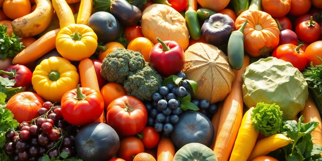 Healthy gut microbiome with colorful fruits and vegetables.
