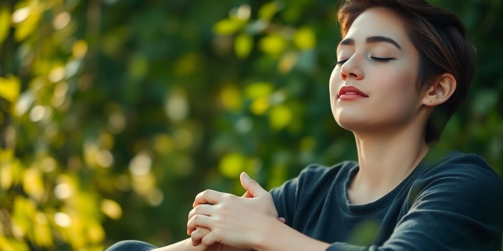 Peaceful person meditating outdoors, serene nature.