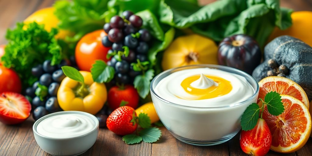 Colorful fruits, vegetables, and yogurt on a wooden table.
