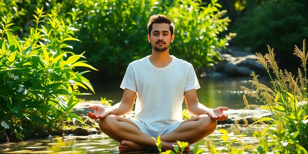 Person meditating peacefully in a serene nature setting.
