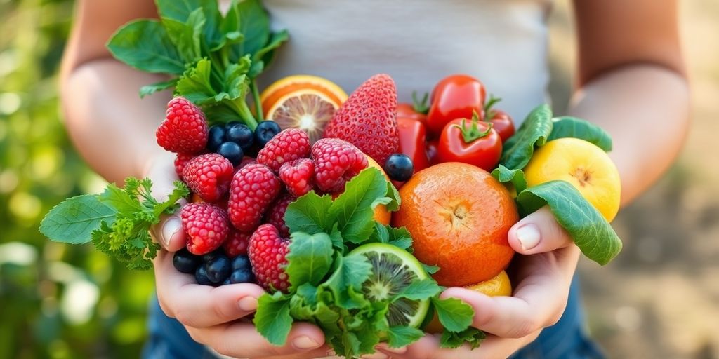 Person smiling, holding colorful fruits and vegetables.