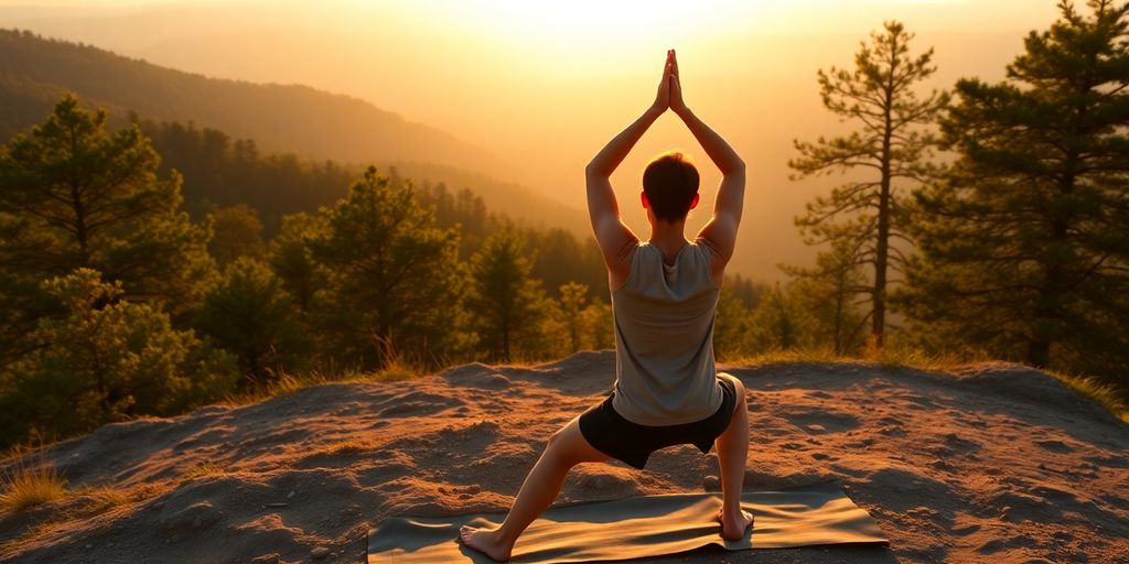 Person meditating peacefully outdoors at sunrise.
