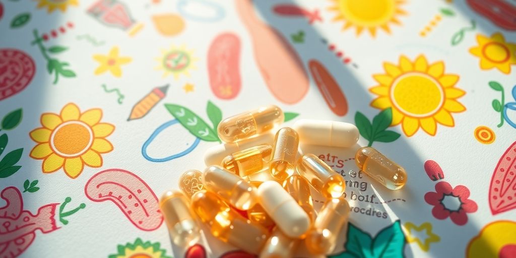 Probiotic capsules with healthy digestive system illustration.