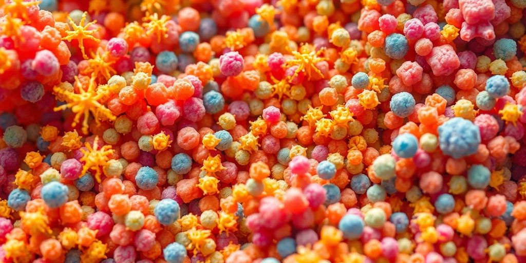 Healthy gut bacteria, vibrant, colorful