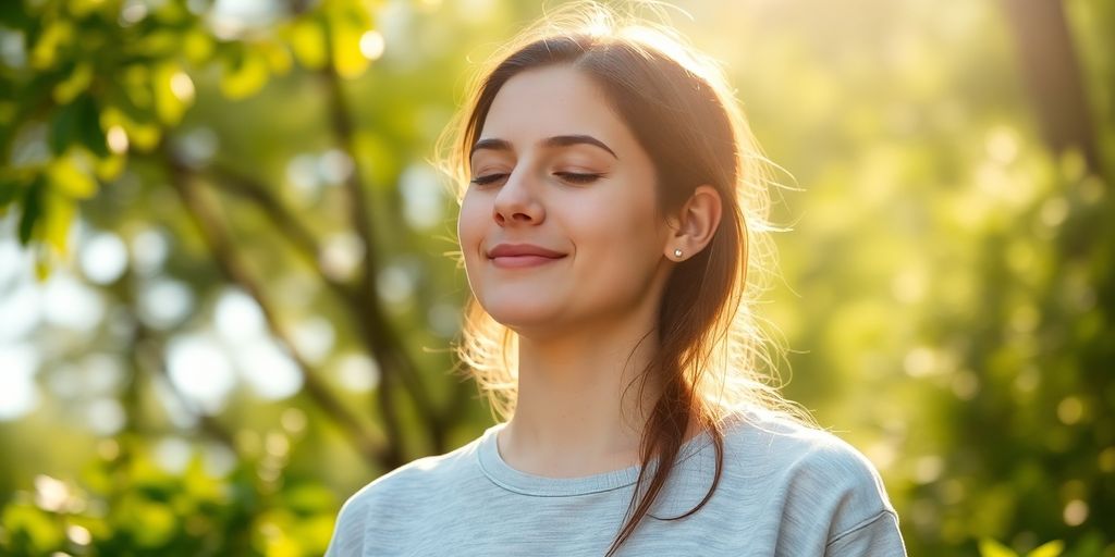 Calm person breathing deeply outdoors