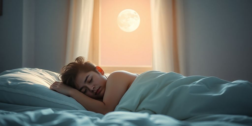 Person sleeping peacefully in a dimly lit, comfortable bedroom.