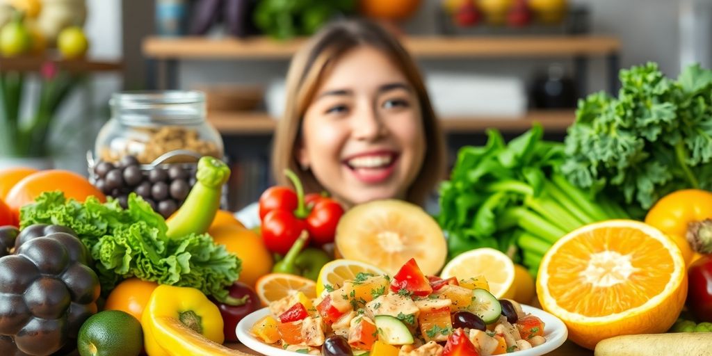 Smiling person enjoying vibrant, fresh foods.