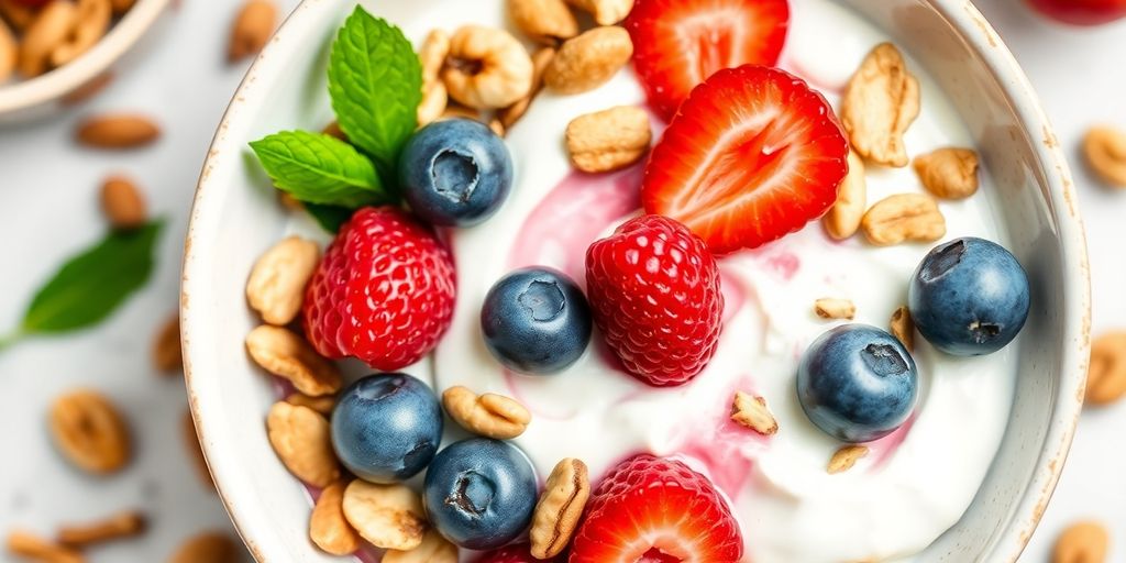 Bowl of yogurt with berries and nuts.