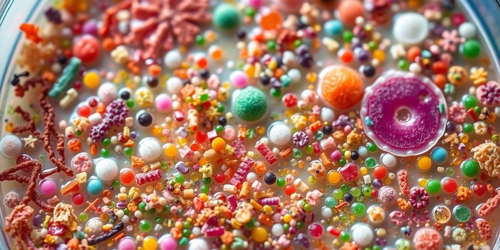 Diverse gut bacteria in a vibrant petri dish.