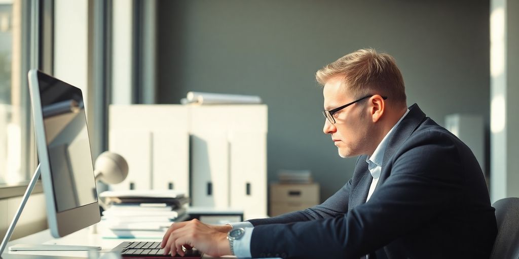 Focused professional working efficiently at a clean desk.