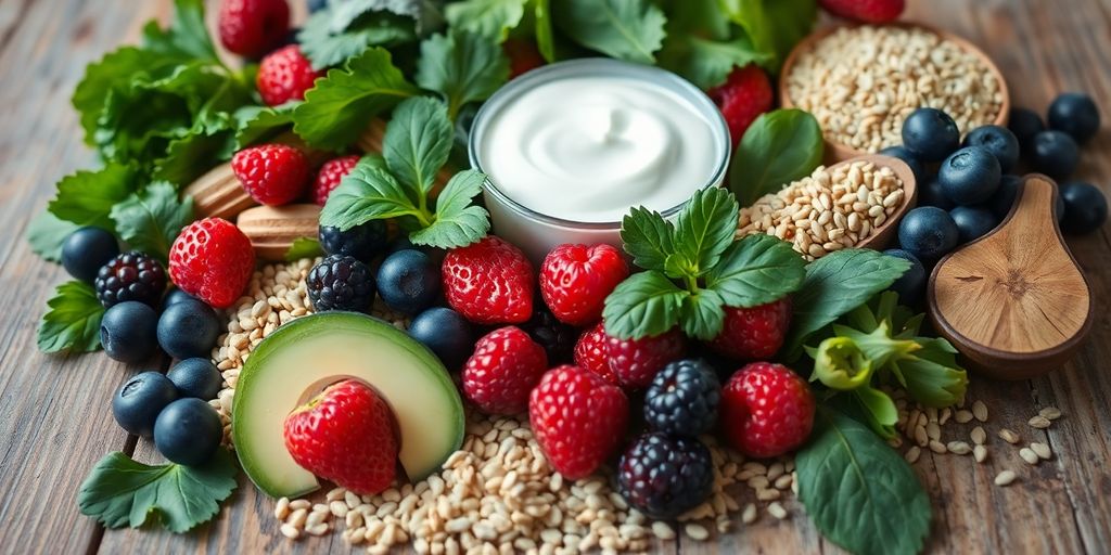 Colorful array of gut-friendly foods.