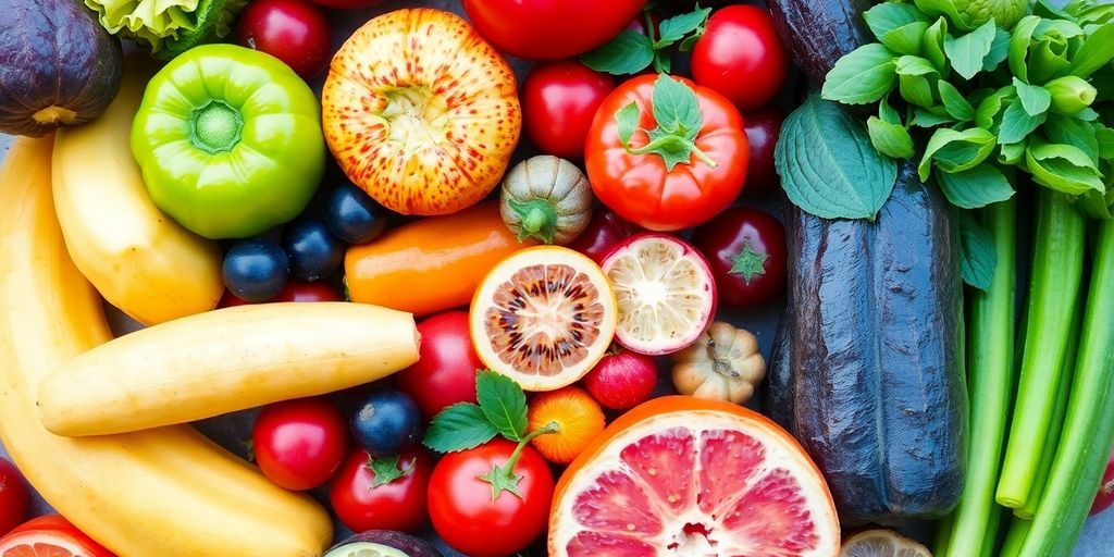 Healthy gut microbiome diverse colorful vibrant food.