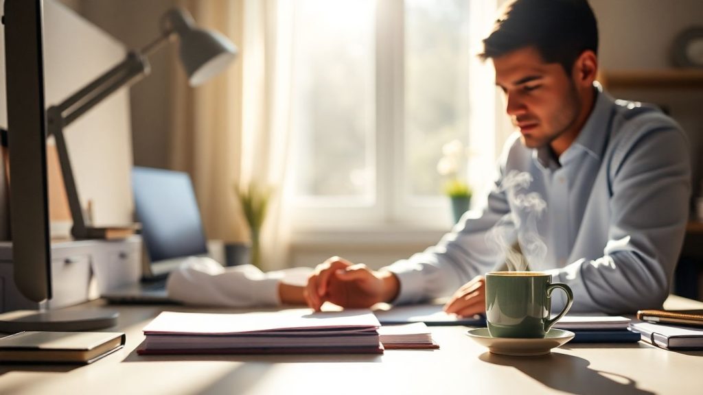 Person managing time effectively at a desk.