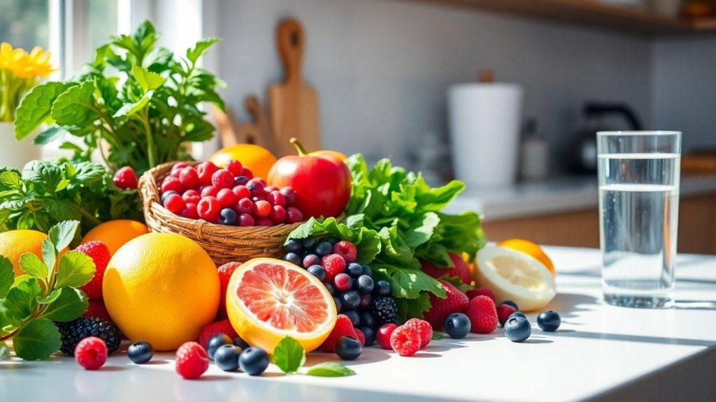 Fresh fruits and vegetables on a kitchen counter.