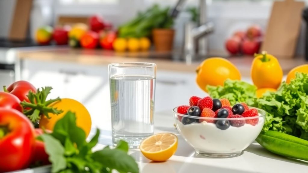 Fresh fruits, vegetables, and yogurt for a healthy gut.