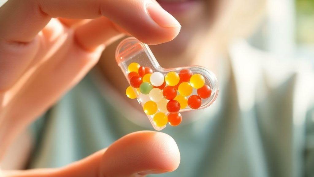 Person holding probiotic capsule with colorful pearls