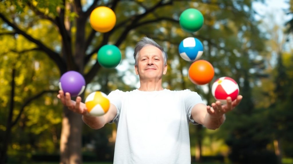 Person juggling life elements in a park