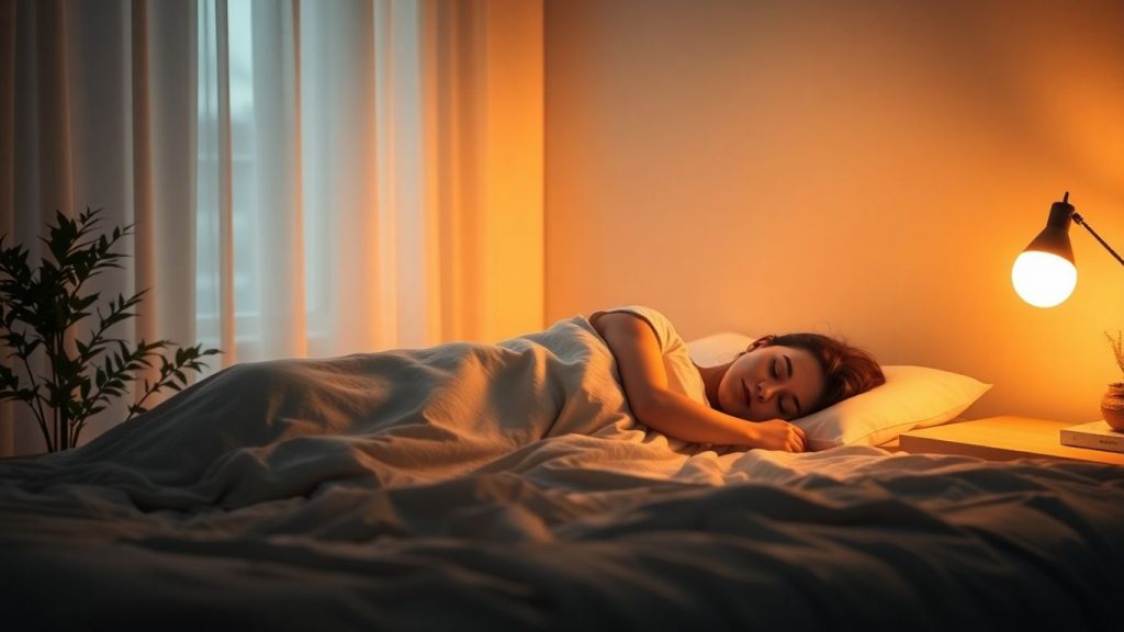 Person sleeping peacefully in a serene bedroom.