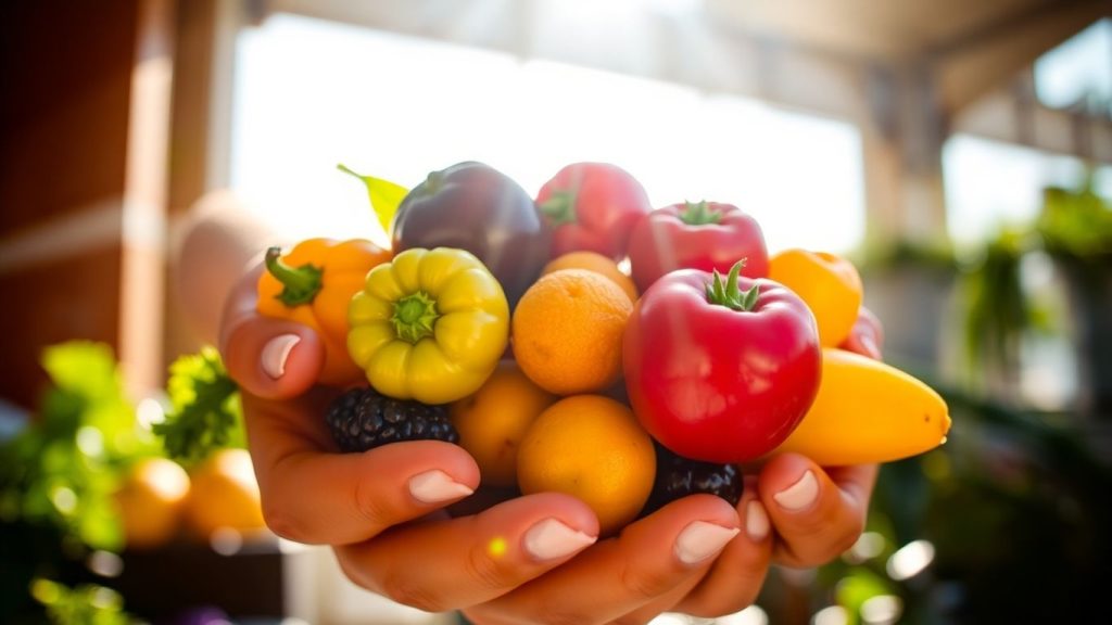 Person holding fresh fruits and vegetables.