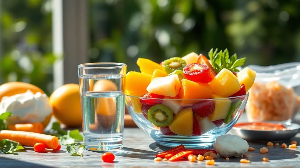Healthy gut foods: fruits, vegetables, yogurt, and fermented foods.