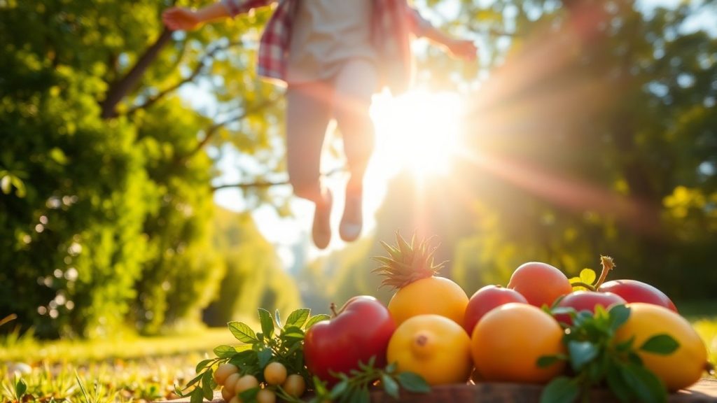 Person leaping with energy, surrounded by nature and healthy foods.