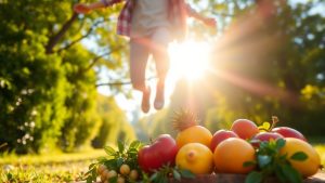 Person leaping with energy, surrounded by nature and healthy foods.