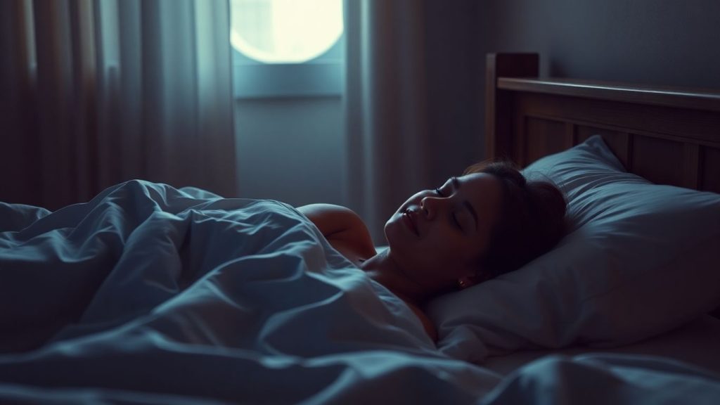Person sleeping peacefully in a moonlit bedroom.